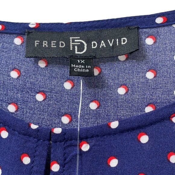 FRED DAVID Blouse Plus Size 1X Rayon Womens Top 3/4 Sleeve Navy Red Dot NWT - Picture 4 of 12